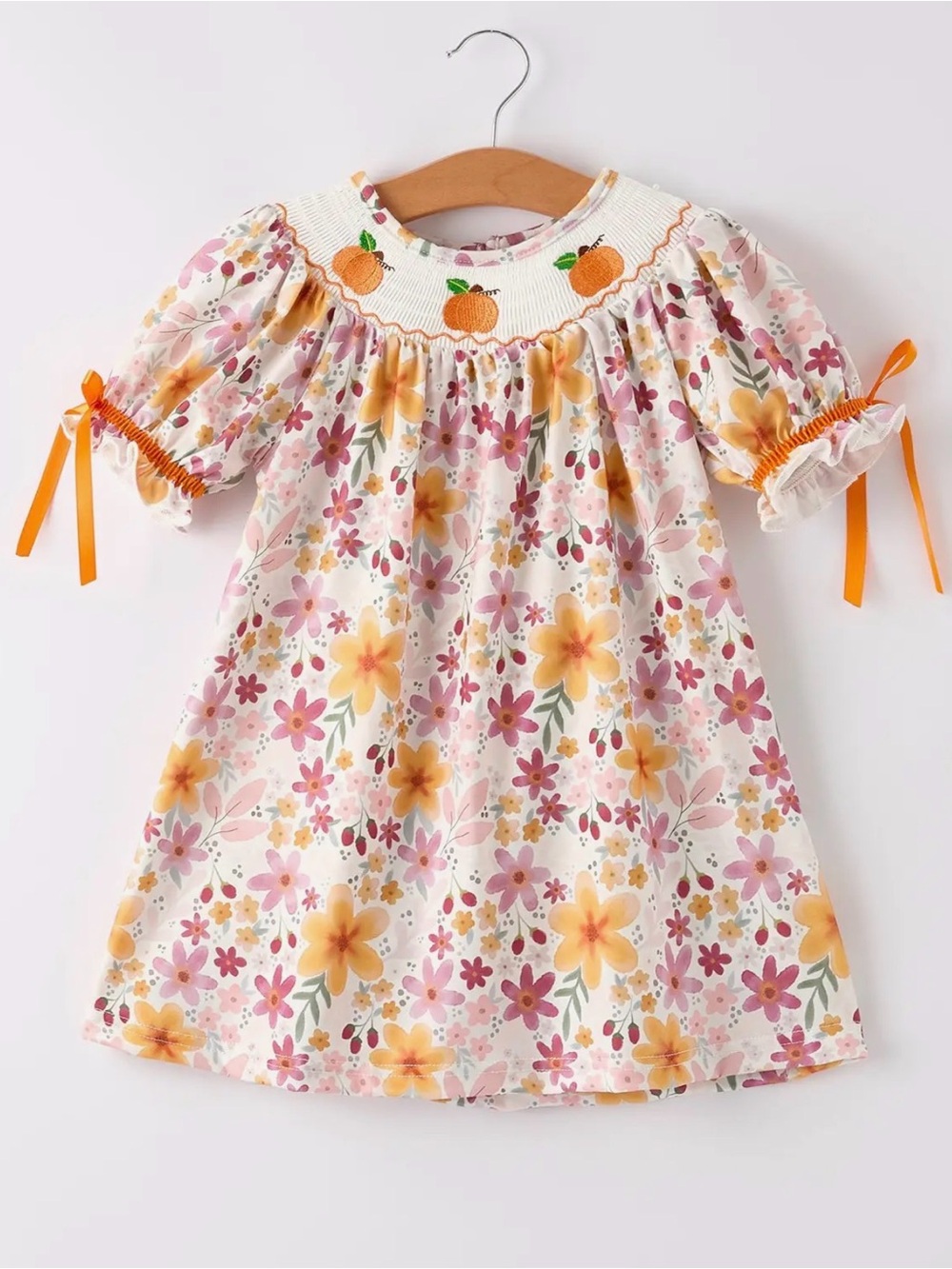 Rylee Faith Thanksgiving Pumpkin Embroidery Smocked Floral Girls Dress